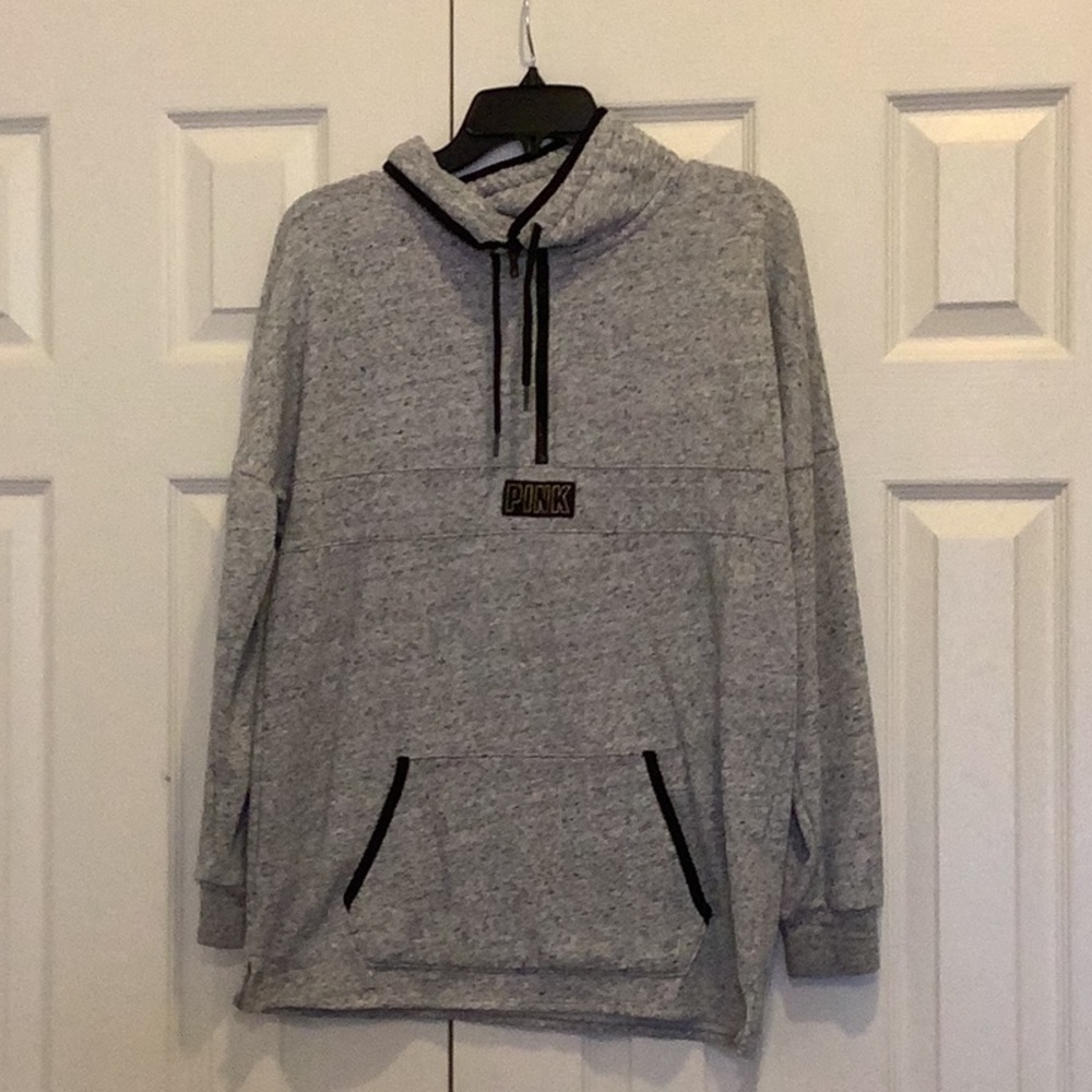 PINK gray sweatshirt with front pocket, PINK outlined in gold stitching